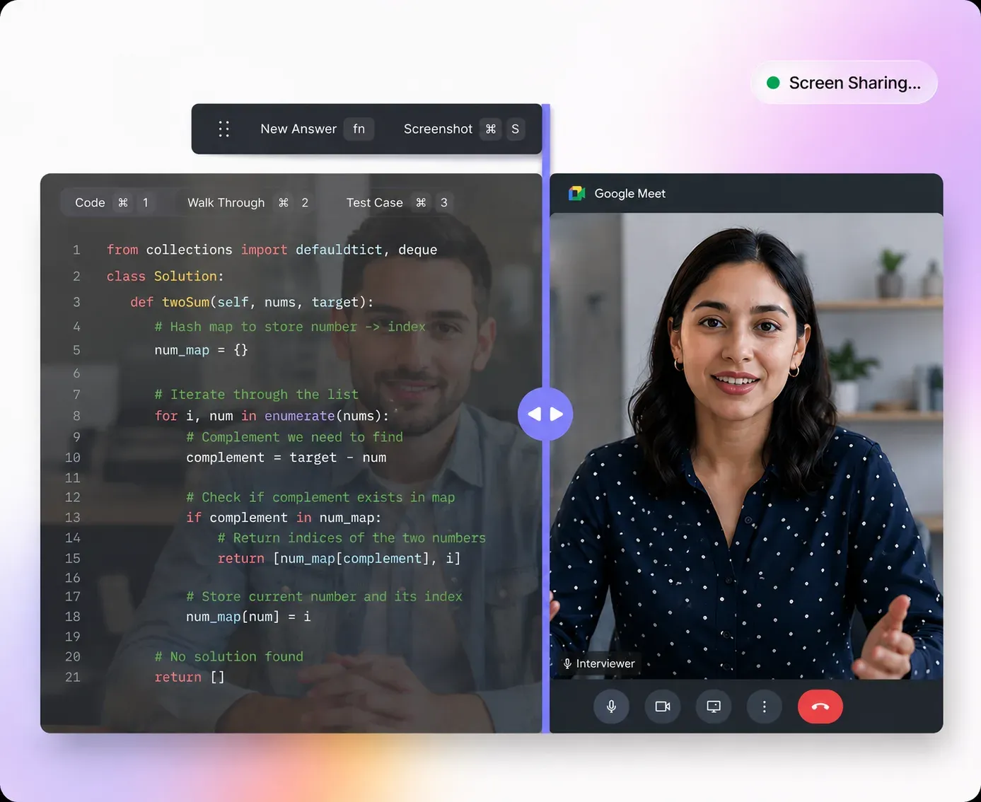 NostrobeAI answer overlay staying hidden while the candidate shares a coding screen in a Google Meet interview