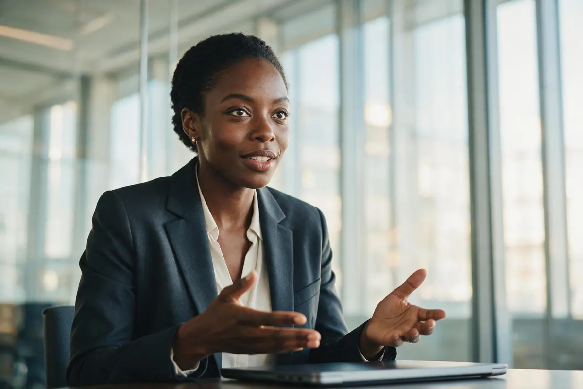 A woman in a tailored blazer sits in a glass-walled meeting room, mid-answer with a composed gesture.