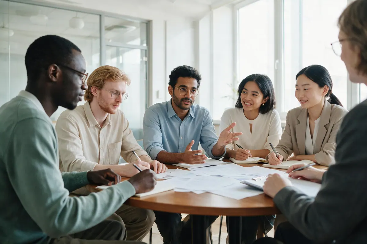 Five people sit around a round table in a bright meeting room during a group exercise, papers spread out.