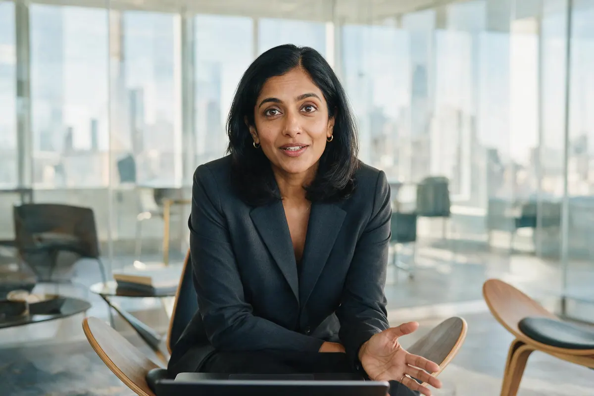A woman in a charcoal blazer sits in a glass-walled meeting room, mid-answer with an open hand.