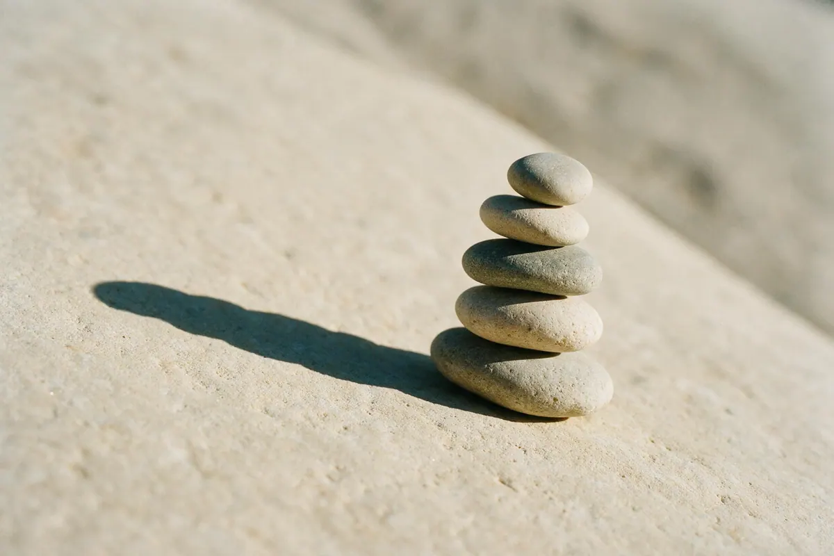 Five smooth river stones stacked in a balanced cairn on pale stone, casting one long shadow.