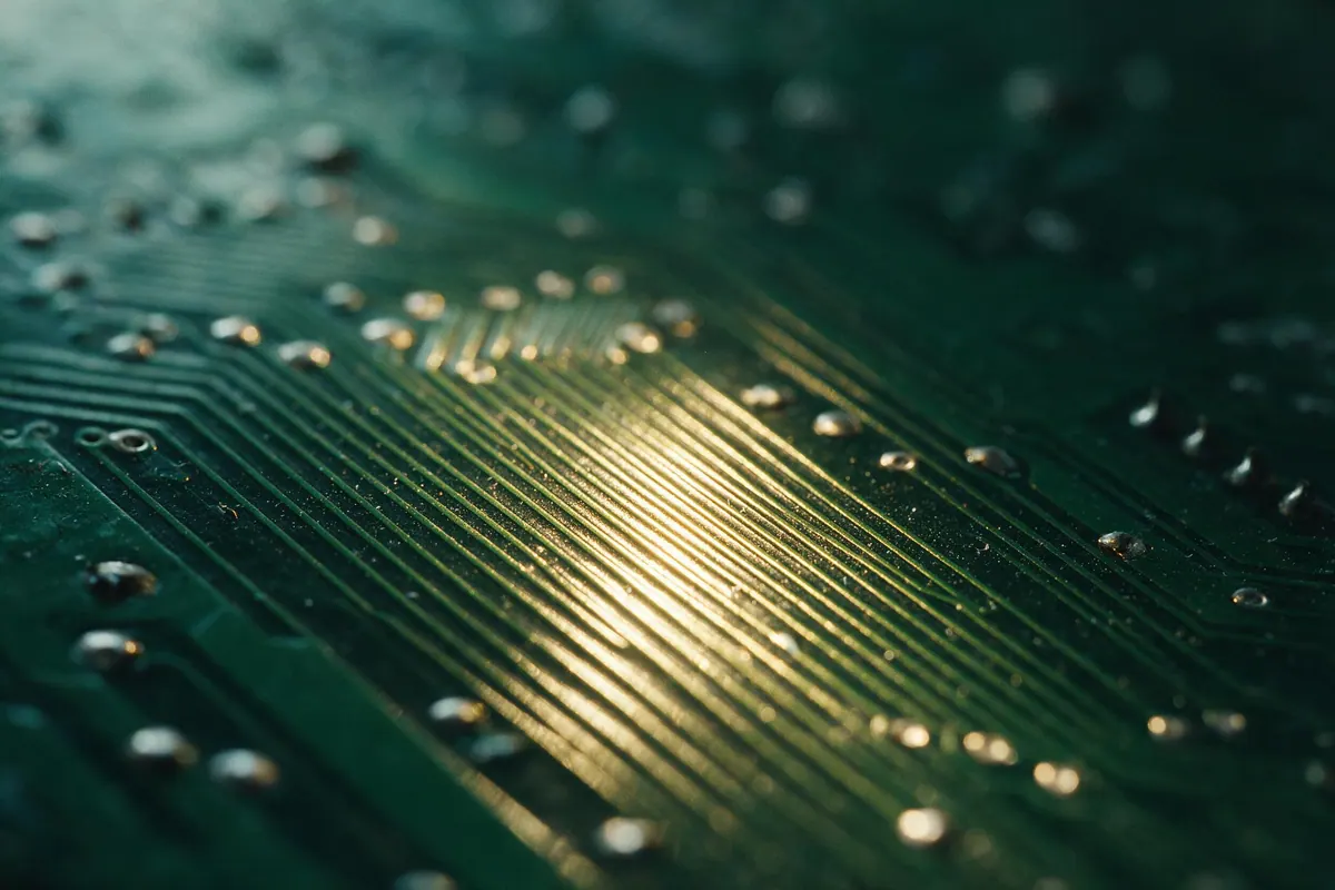 A macro detail of fine parallel circuit traces on a dark board catching a single raking highlight.