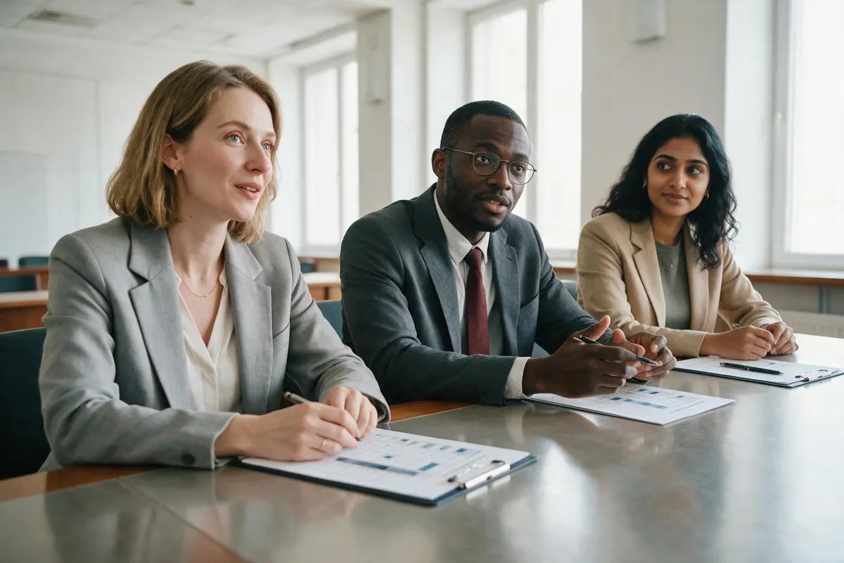 Three interviewers sit along one side of a table with structured scoring sheets in a formal meeting room.