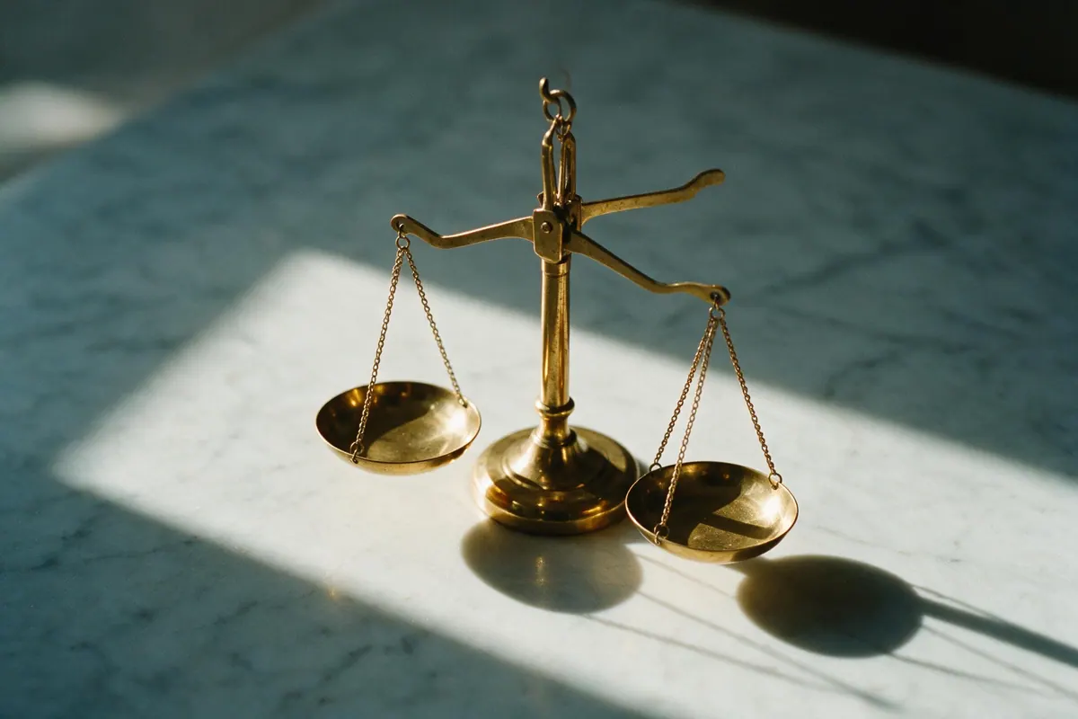 A brass balance scale on pale marble, its two empty pans hanging almost level in hard sunlight.