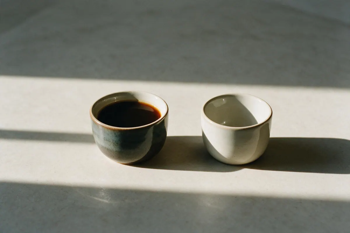 Two identical ceramic cups side by side on pale stone, one full and one empty, in hard sunlight.