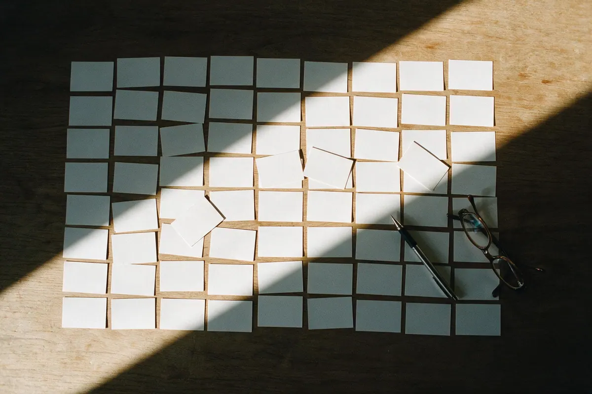 A grid of blank index cards laid out on a wooden surface, hard sunlight cutting a diagonal across them.