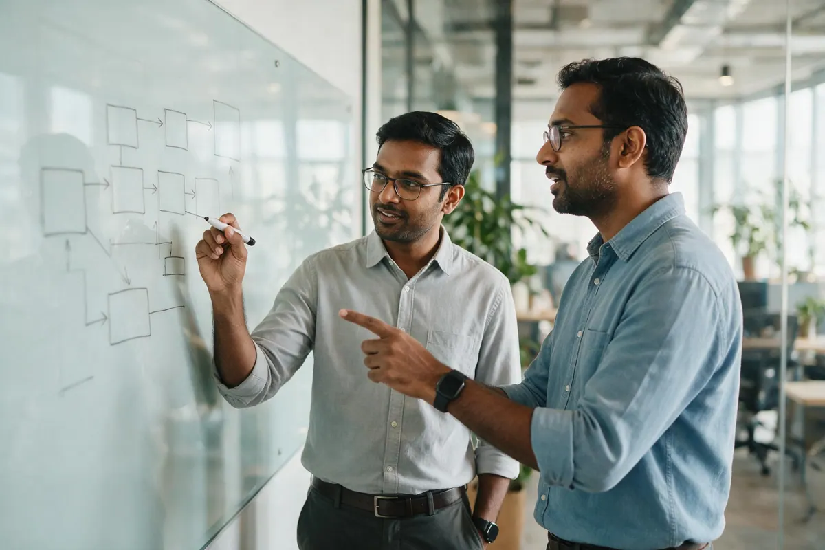Two engineers stand at a glass whiteboard sketching a system diagram of boxes and arrows.