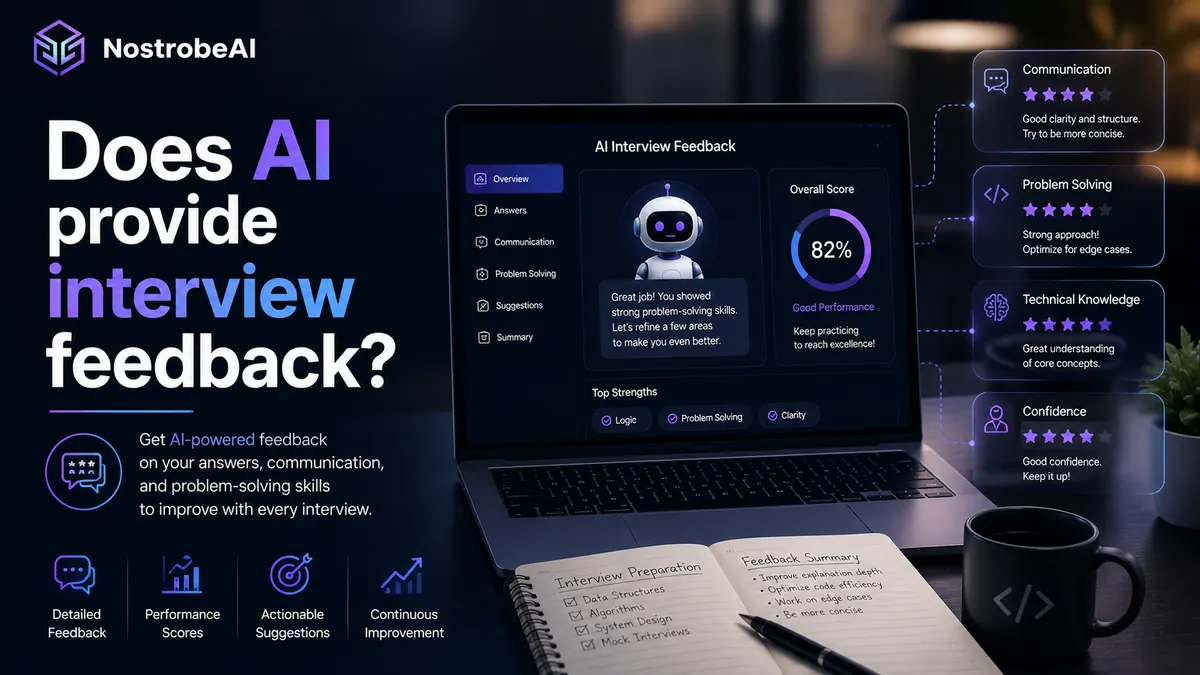 An AI-generated interview feedback summary showing scores and improvement notes