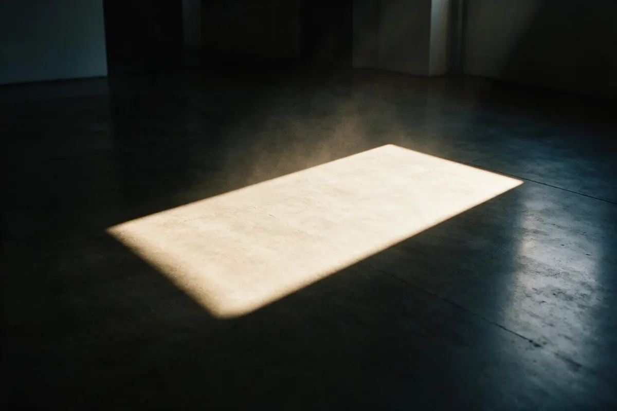A single wedge of hard sunlight falling across a dark polished concrete floor, dust suspended in the beam.