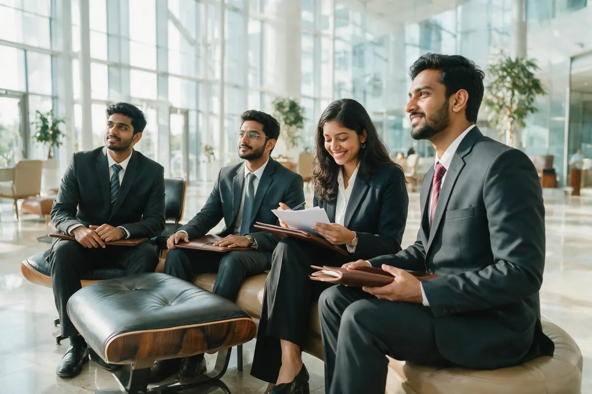 Four graduates in tailored suits wait on lounge seating in a bright glass office reception, portfolios in hand.