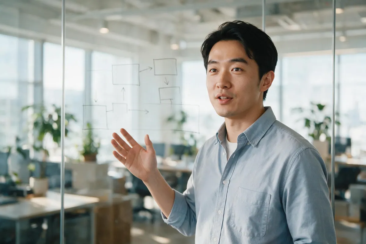A man in a smart casual shirt stands at a glass wall in a tech office, mid-explanation with one hand raised.