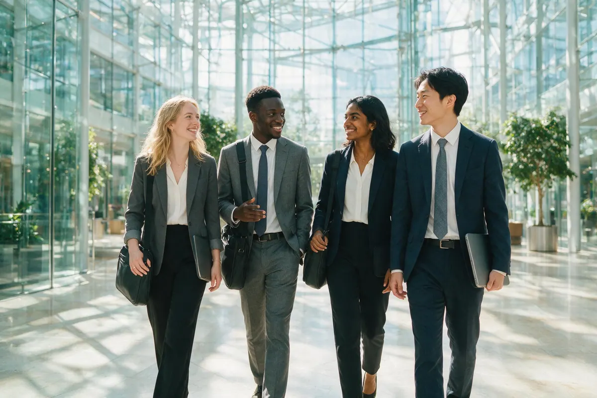 Four graduates in smart clothes walk together through the glass atrium of a corporate headquarters.