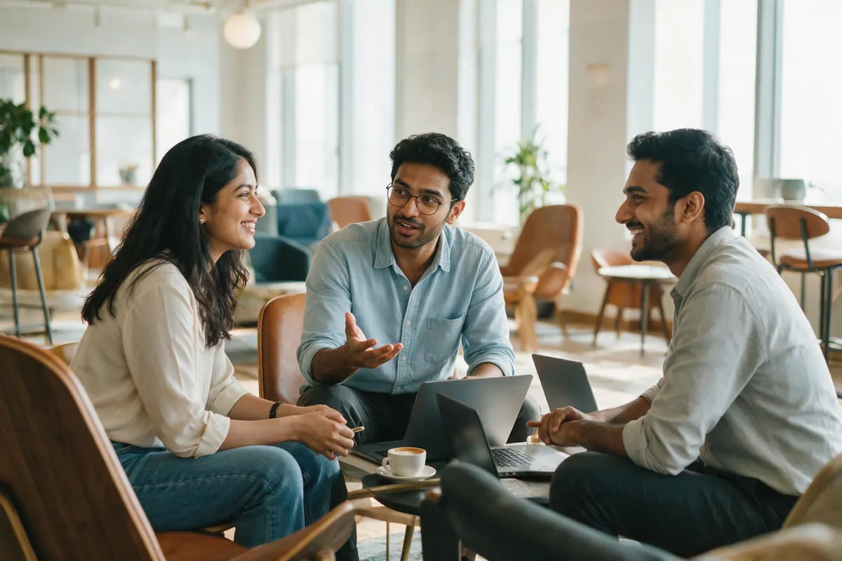Three colleagues sit around a low table in an office lounge, one mid-explanation with an open hand.