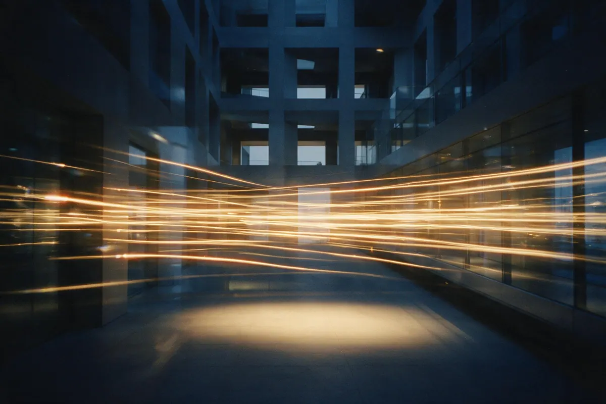 Long-exposure light trails streaking through a dark modern atrium, architectural lines sharp behind.