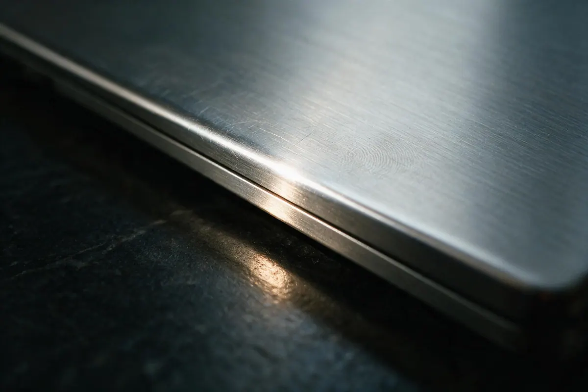 A macro detail of the brushed aluminium edge of a closed laptop, a single highlight along the chamfer.