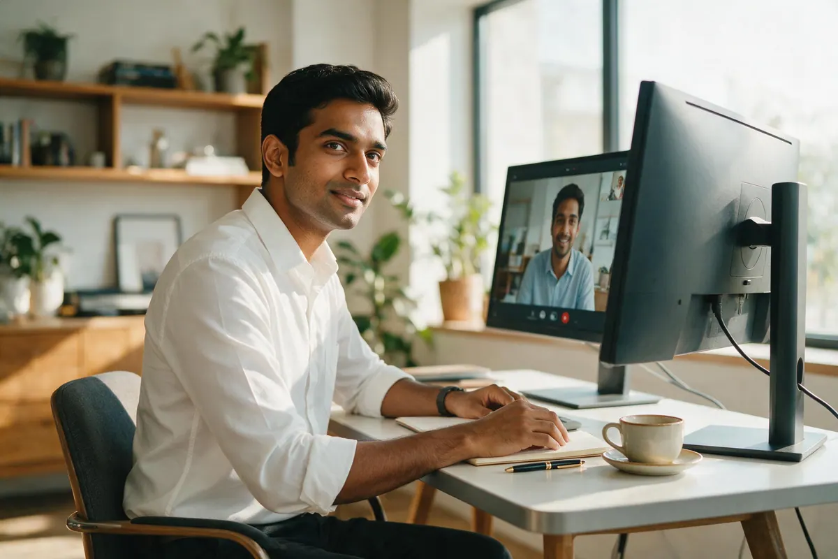 A person at a clean desk in a sunlit home office with a video call open on a monitor.
