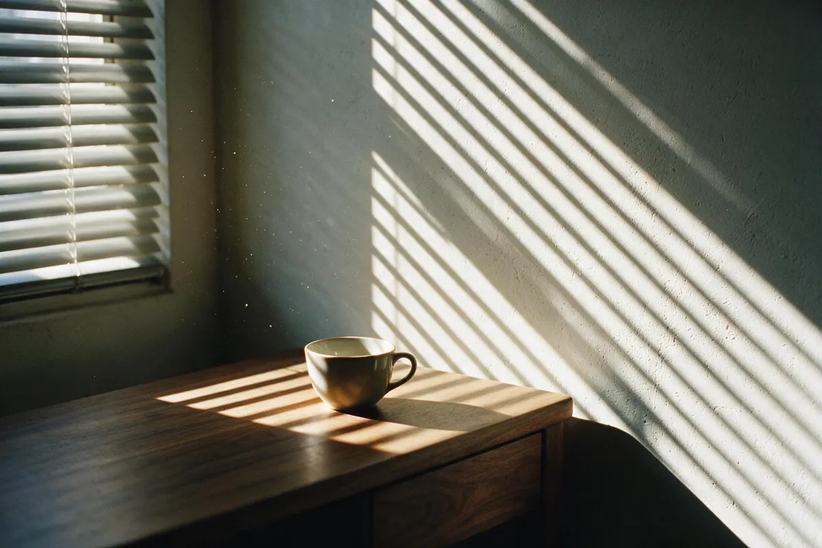 Sunlight through venetian blinds casting parallel stripes across a plaster wall and a desk corner.