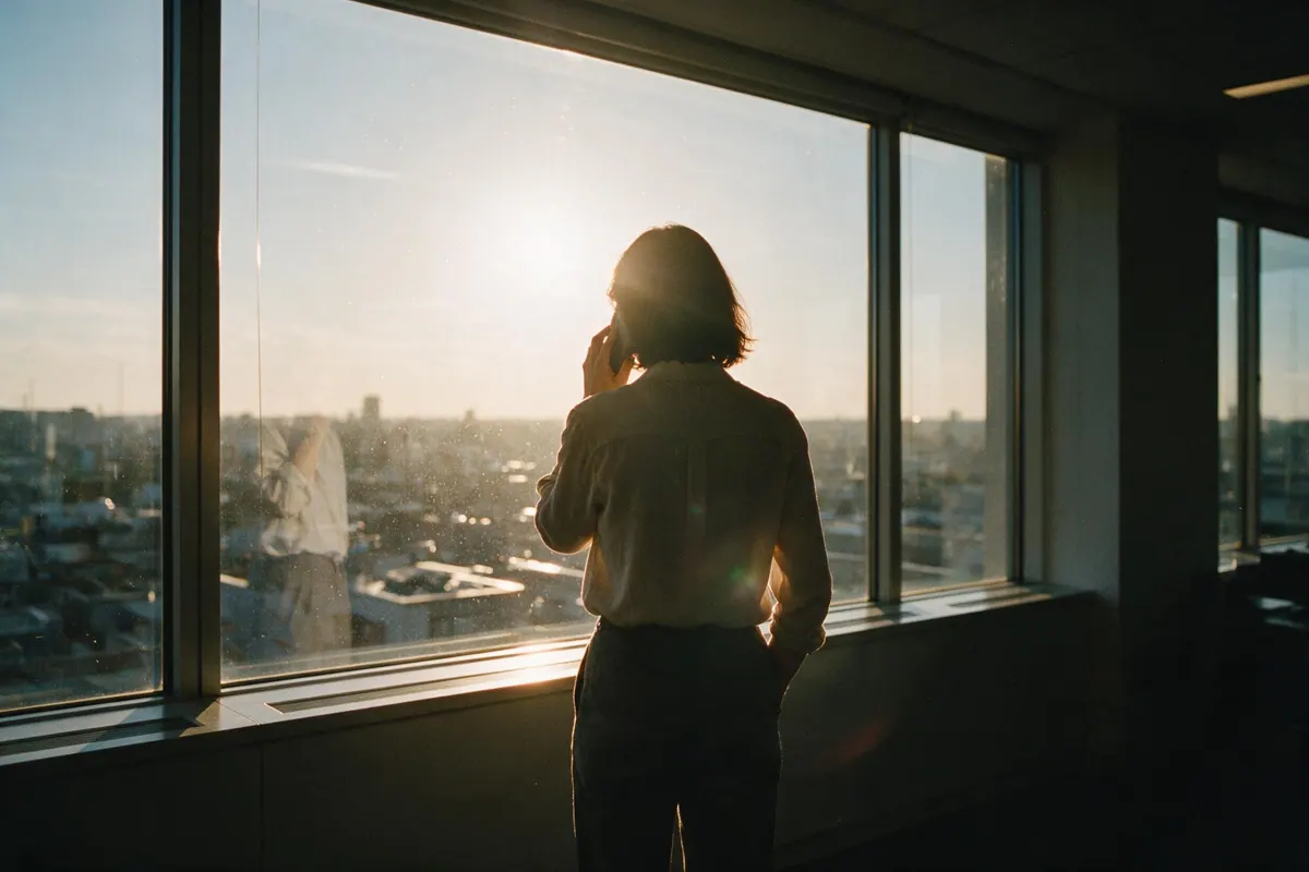 A woman stands at a high office window at sunset, phone to her ear, city rooftops below.