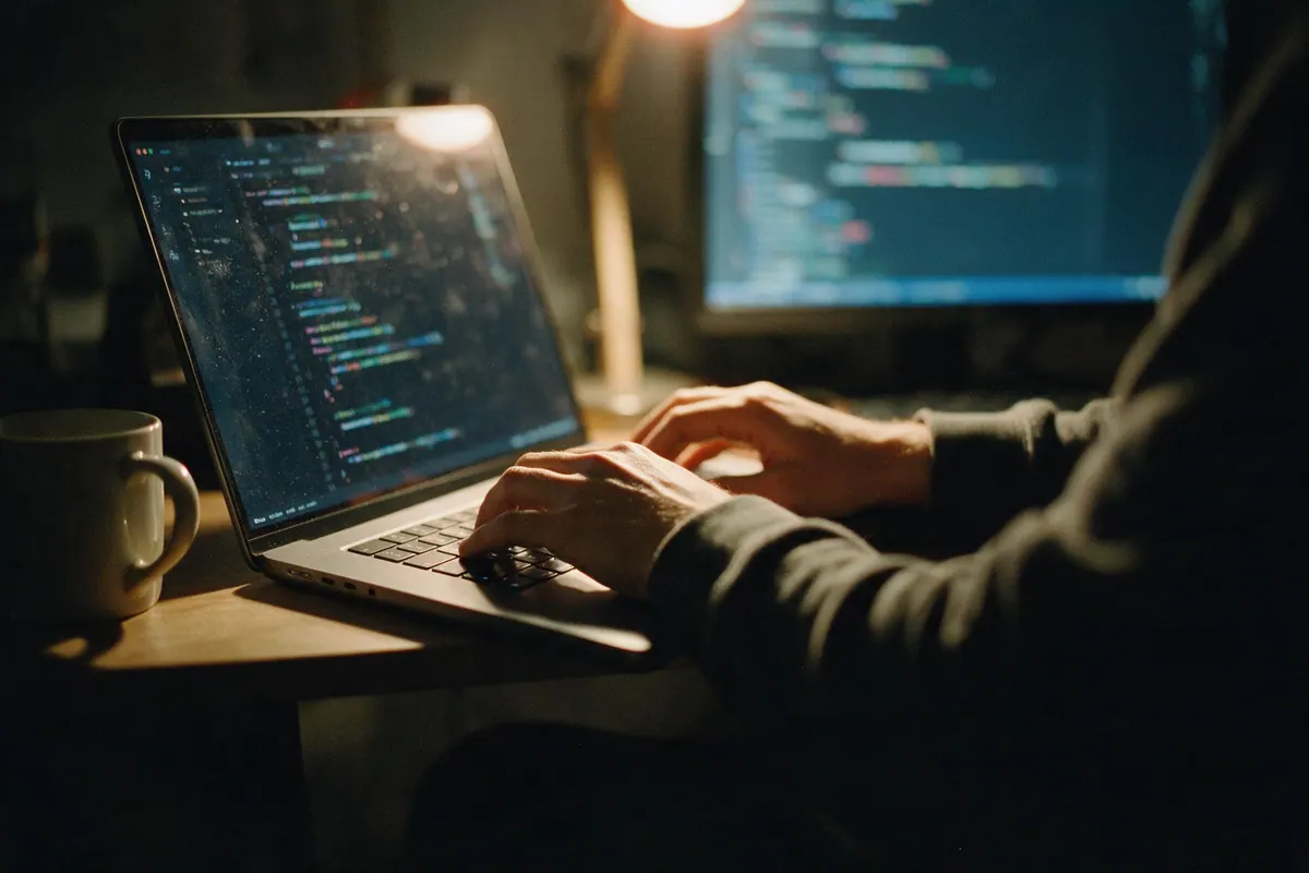 Hands typing on a laptop at night, lit by the screen, a second monitor blurred behind.