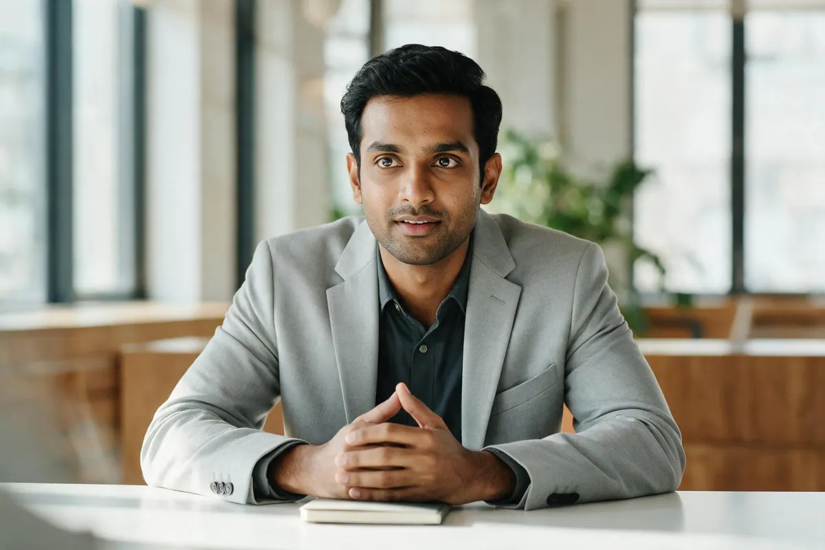 A man in a light grey blazer listens attentively at a bright meeting table, hands loosely clasped.