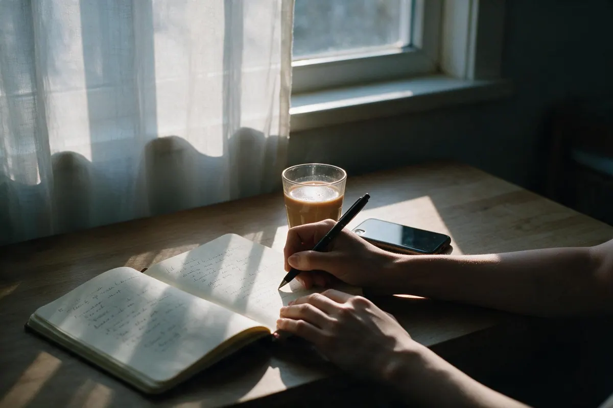 Hands writing in an open notebook beside a glass of chai, morning light through a sheer curtain.