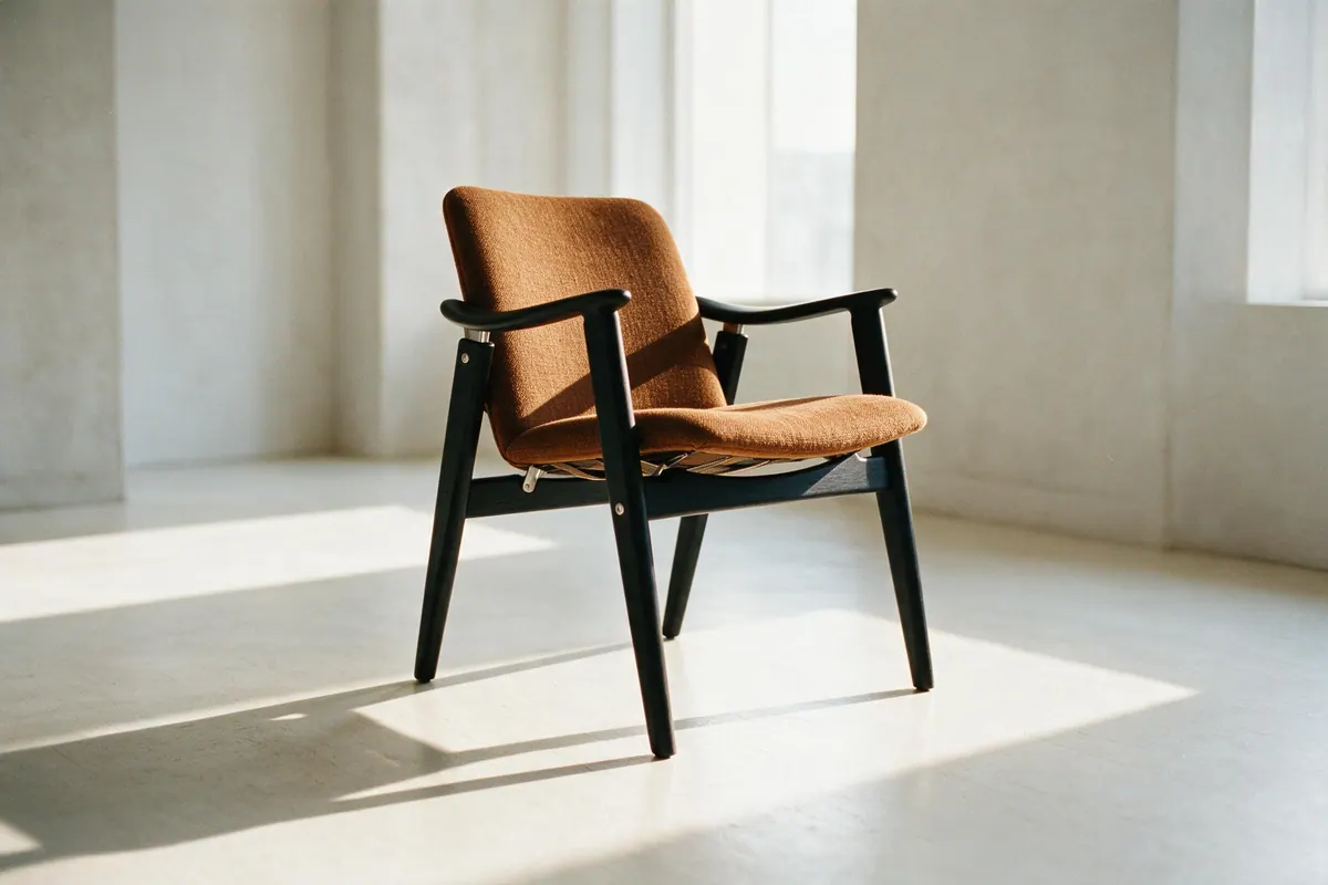 A single designer chair alone in a bright empty room, casting a long shadow across a polished floor.