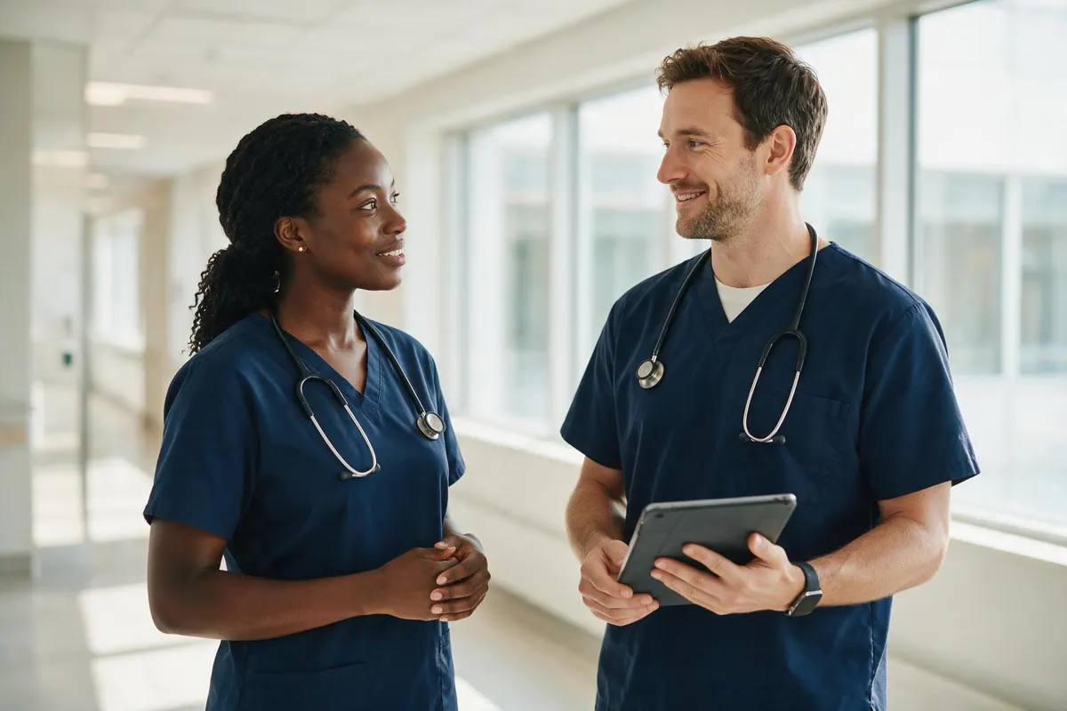 Two healthcare professionals in navy scrubs talk in a bright modern hospital corridor.
