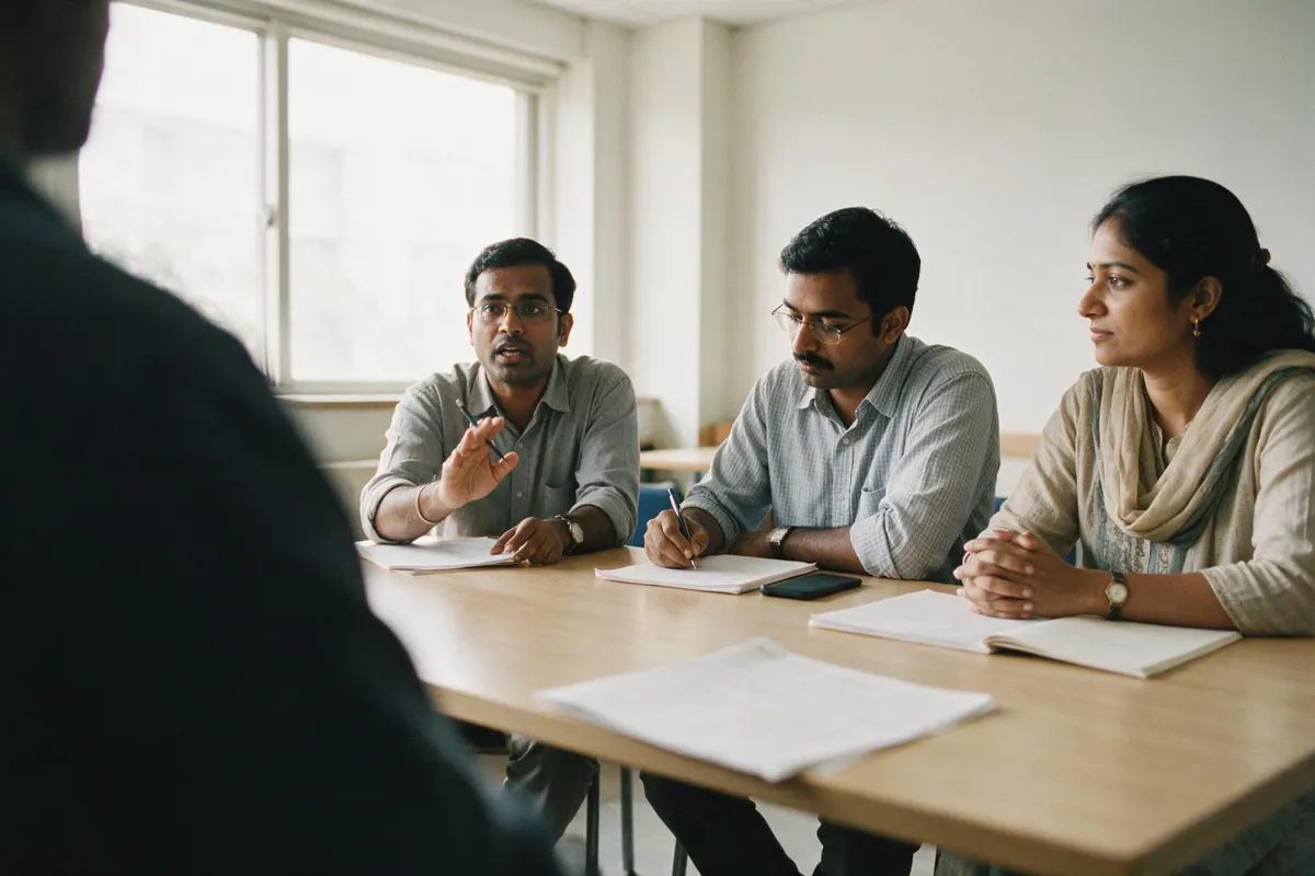 Three interviewers sit along the far side of a meeting table, seen over the candidate's shoulder.
