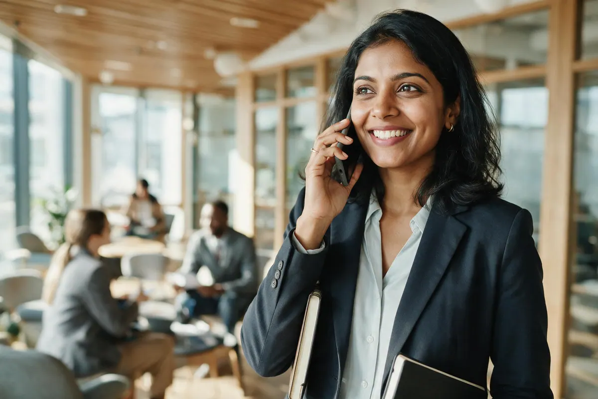 A woman in a blazer takes a phone call standing in a bright office breakout area.
