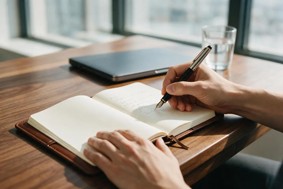 Hands writing with a fountain pen in a leather notebook on a polished walnut desk.