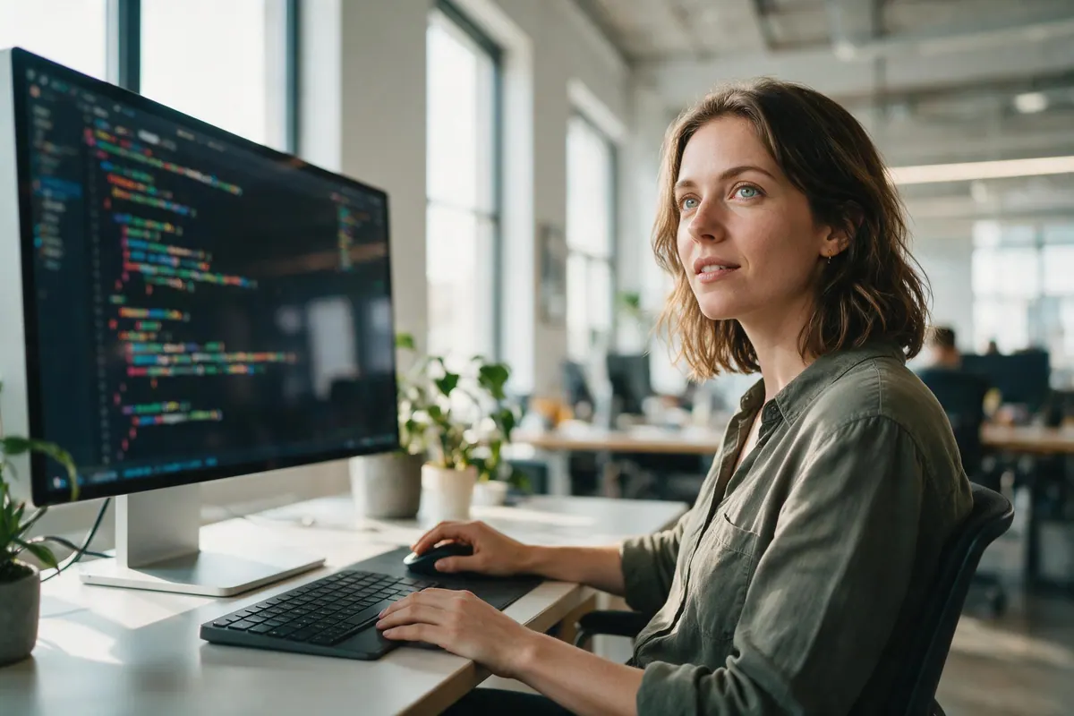 A developer works at a large monitor in a bright office, code softly out of focus on screen.