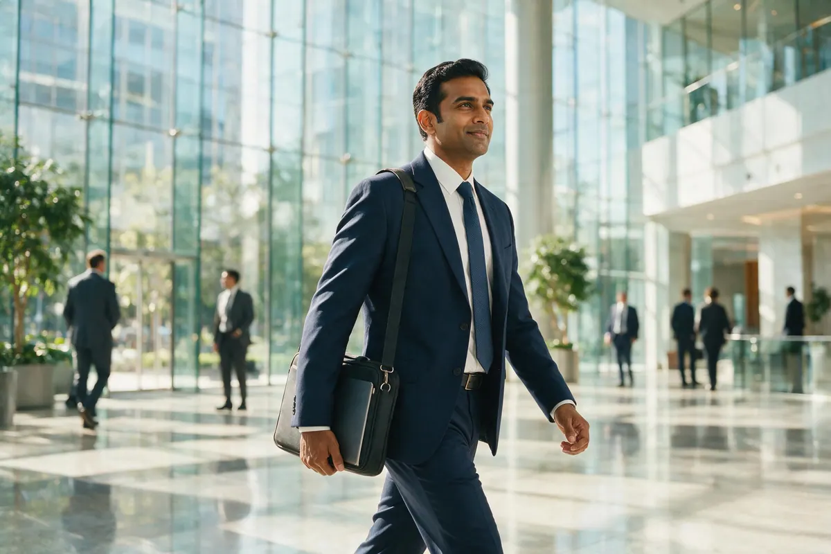 A man in a navy suit walks through the bright glass atrium of an office tower, laptop bag on his shoulder.