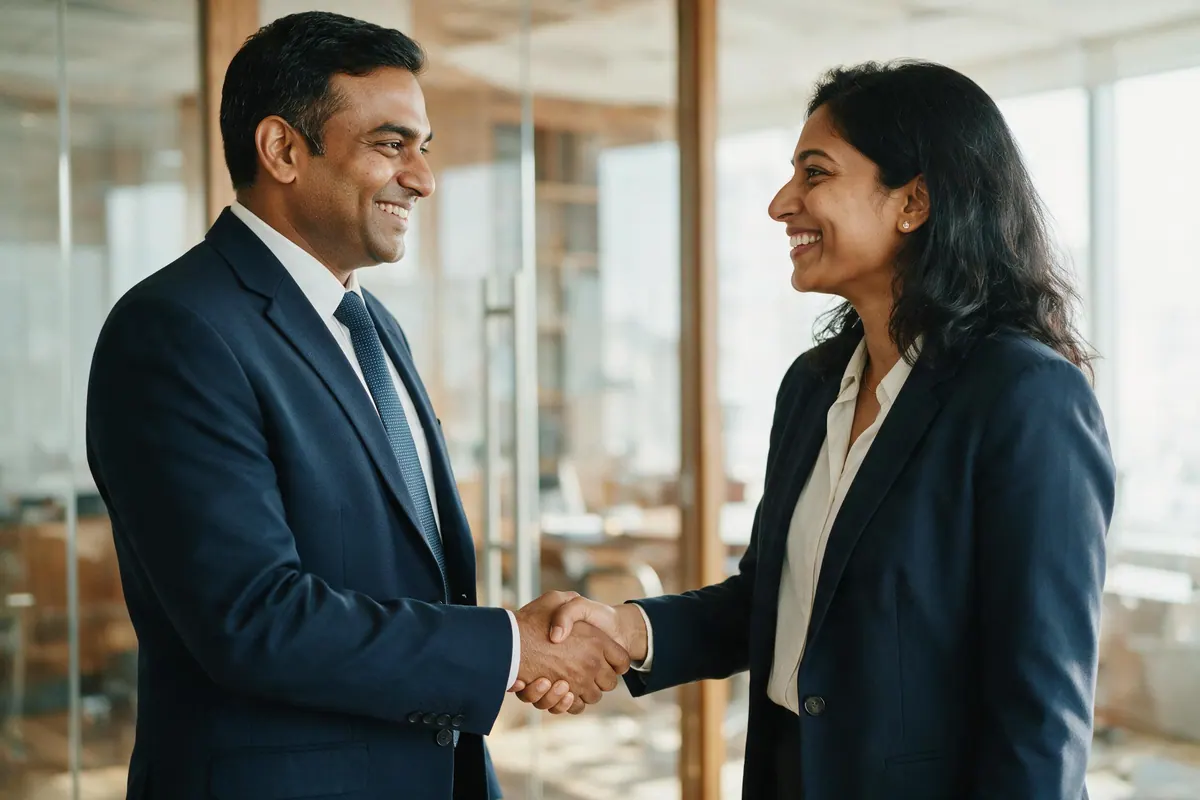 Two professionals shake hands and smile at the end of a meeting in a bright office.
