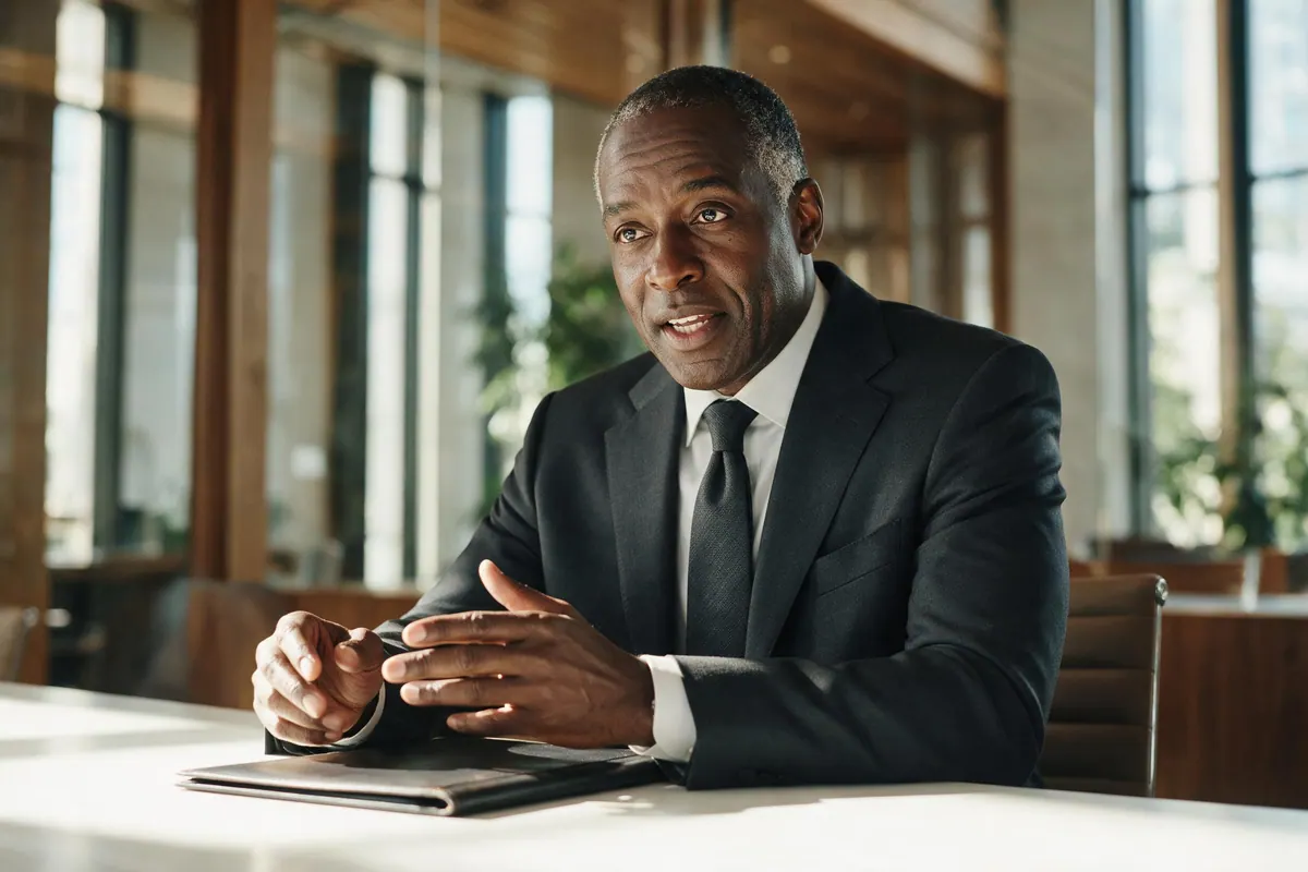 A senior professional in a charcoal suit sits at a meeting table, relaxed and mid-sentence.