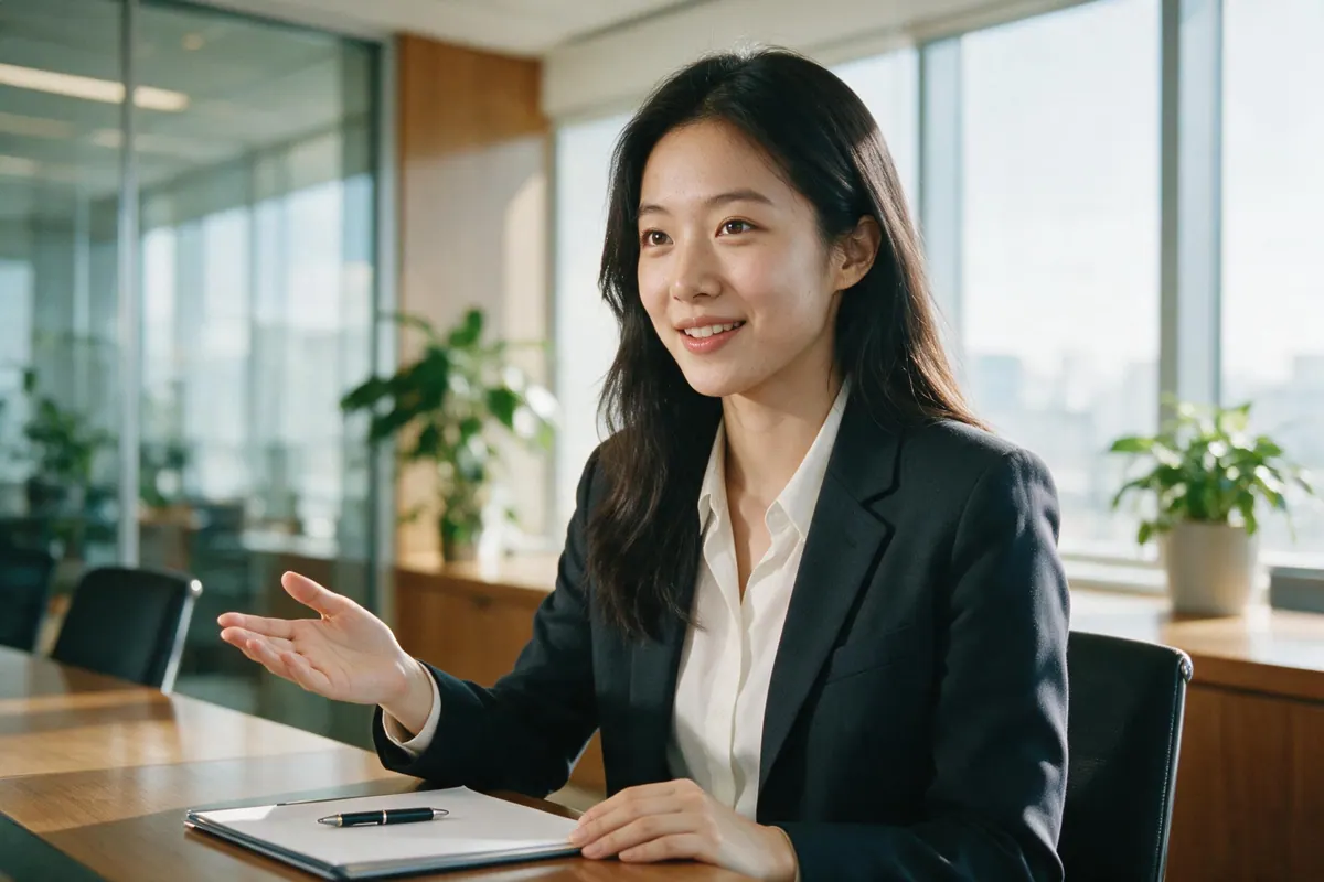A young graduate in a blazer smiles while introducing herself in a bright meeting room.