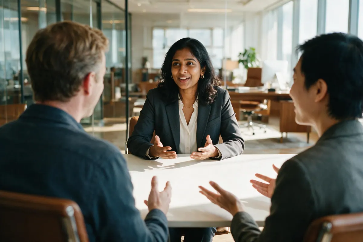 A woman introduces herself across a meeting table to two interviewers seen from behind.