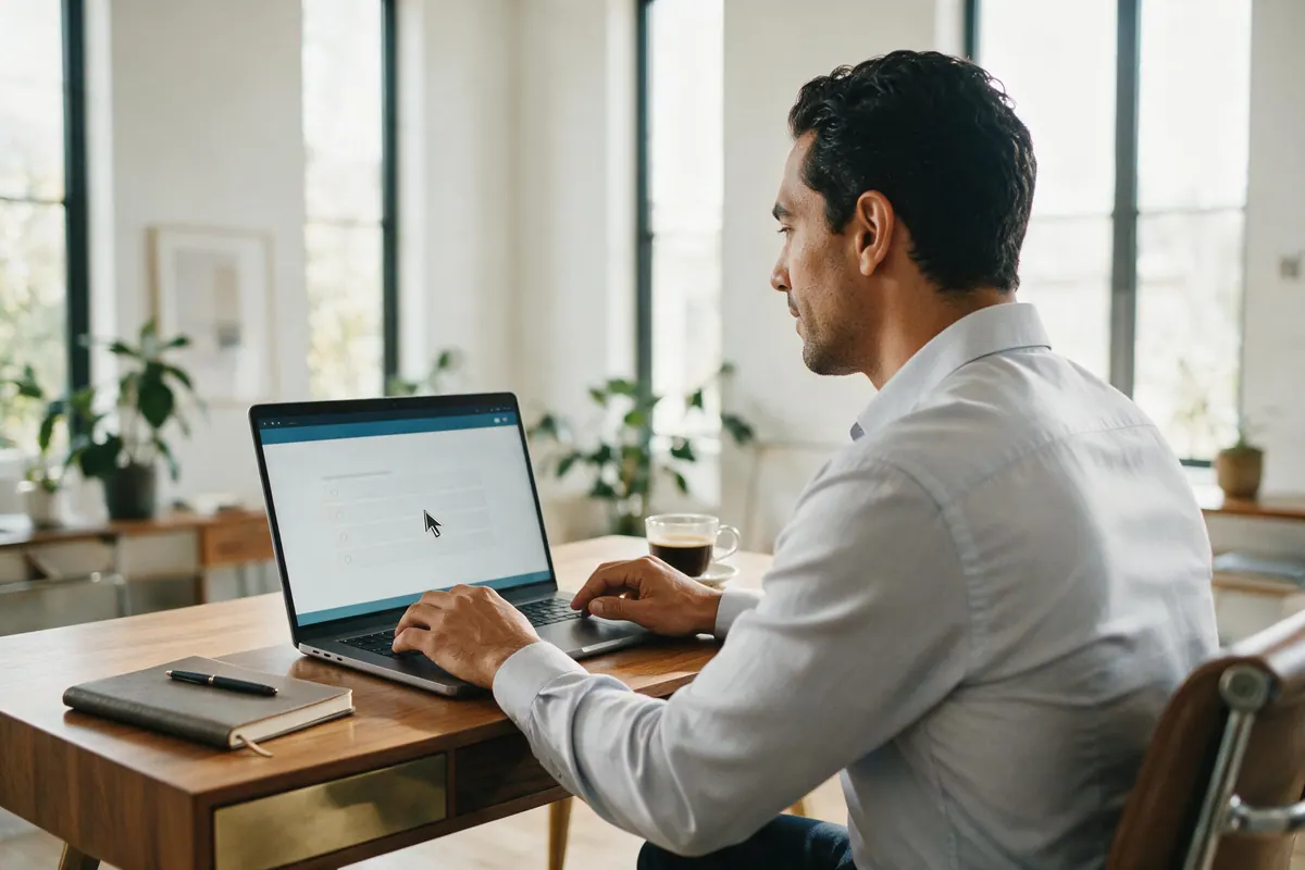 Over the shoulder of a person taking an online assessment on a laptop at a bright desk.