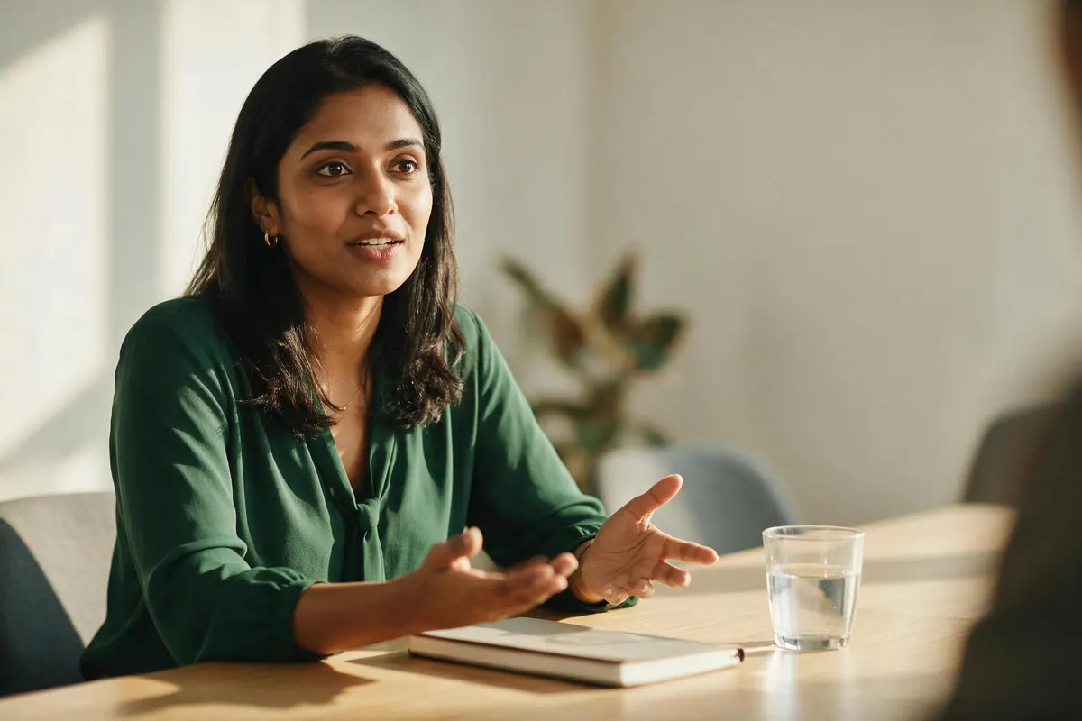 A woman in a green blouse sits at a meeting-room table, mid-sentence with an open hand gesture.