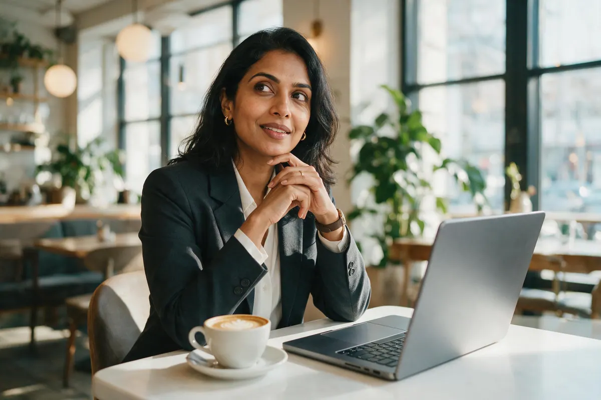 A woman in a blazer sits at a bright cafe table with an open laptop, mid-thought.