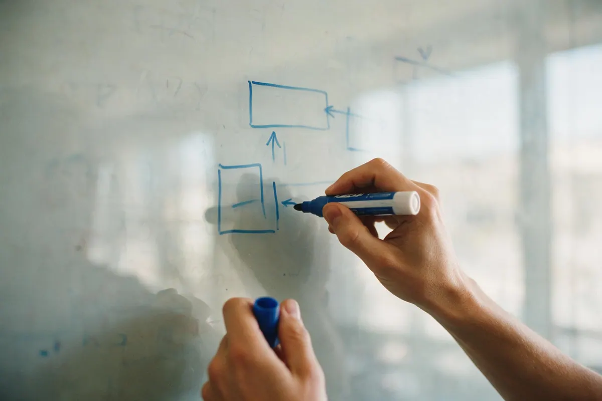 A hand draws a simple architecture diagram of boxes and arrows on a glass whiteboard in blue marker.