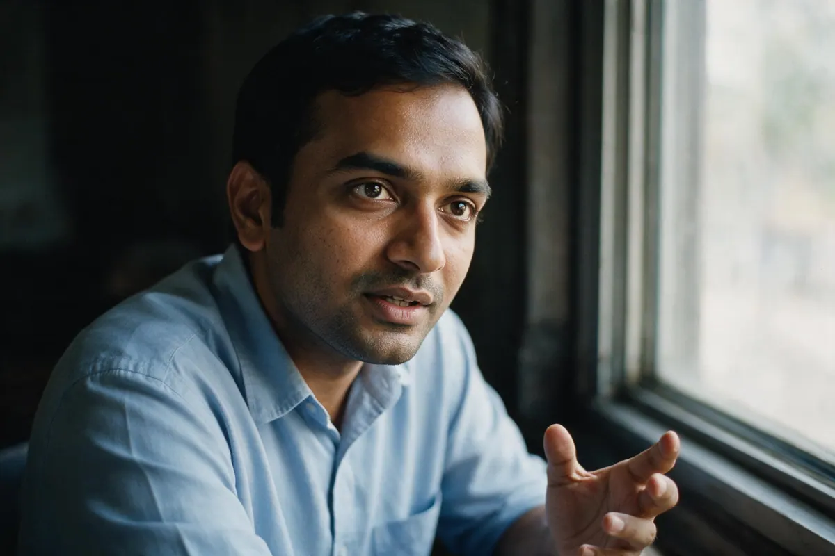 A close portrait of a man in a light blue shirt speaking, lit by soft window light from one side.