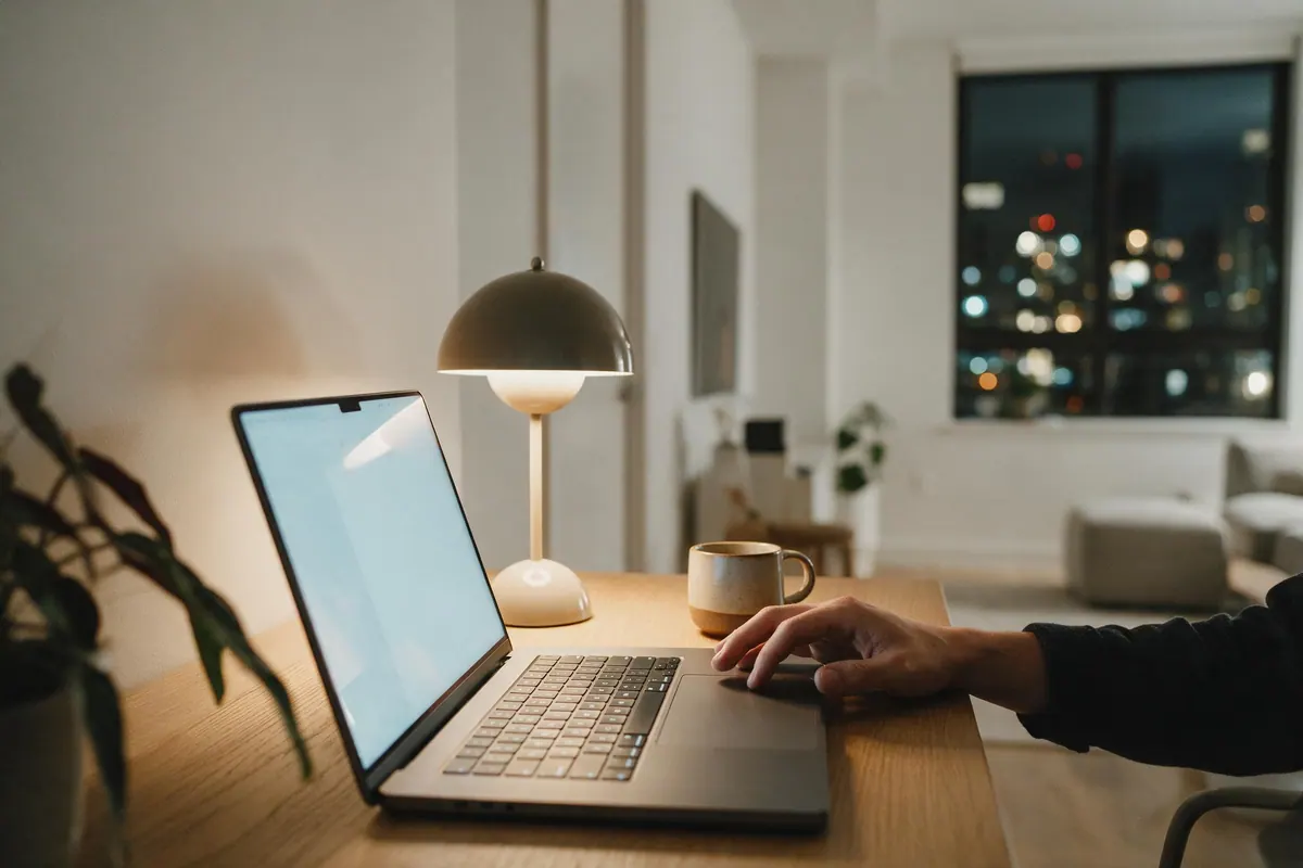 A laptop open on an oak desk beside a lamp in the evening, city lights soft through the window behind.