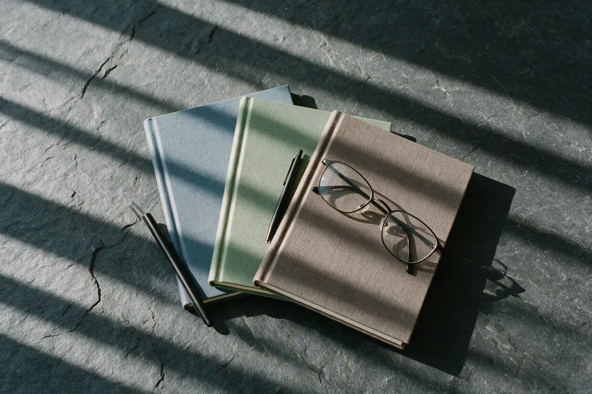 Three hardback notebooks in different muted colours fanned in a row on dark slate, seen from above.