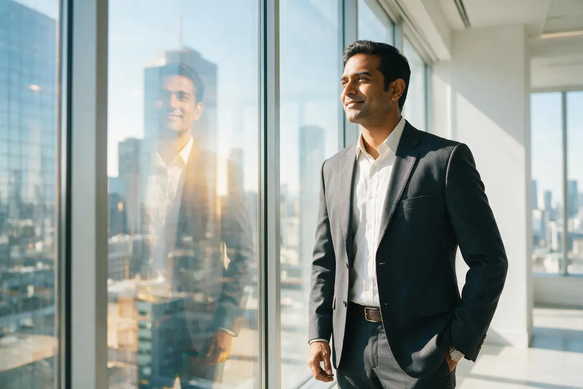 A professional stands at a floor-to-ceiling window in a high-rise office, looking out at the city in daylight.