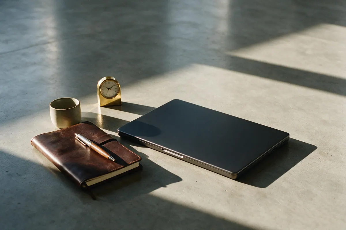 A still life of a closed laptop, pen, leather notebook and cup arranged on concrete in hard sunlight.