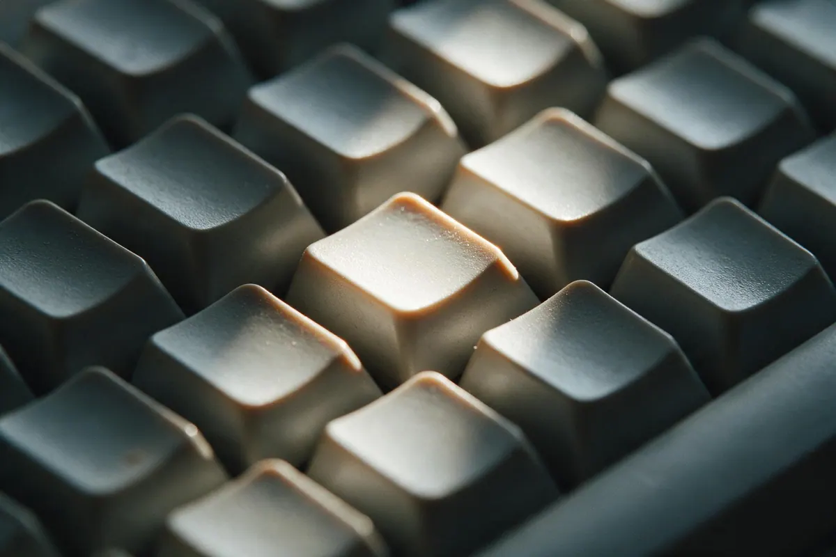 A macro detail of keyboard key edges catching a single hard light, receding into blur.