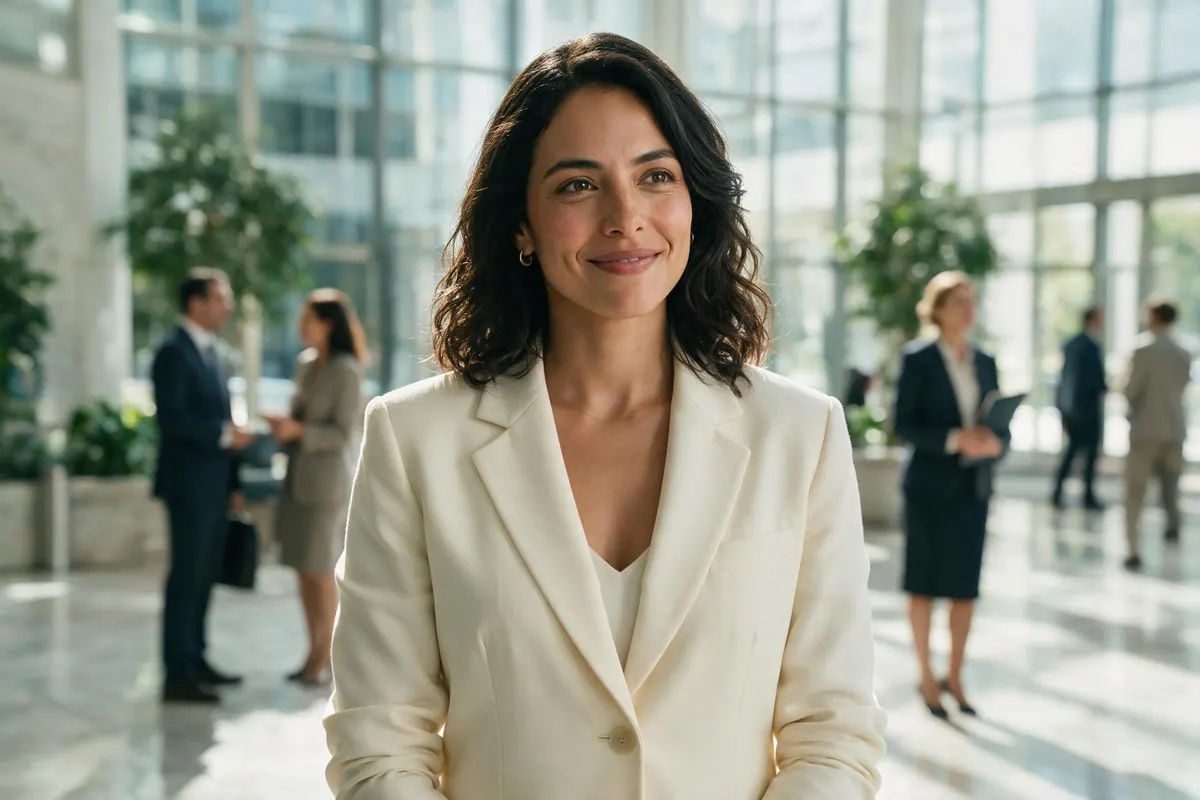 A woman in a cream blazer stands in a bright office atrium, smiling slightly and looking off camera.